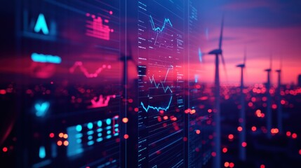 Fototapeta premium Modern Data Visualization with Wind Turbines at Dusk Landscape