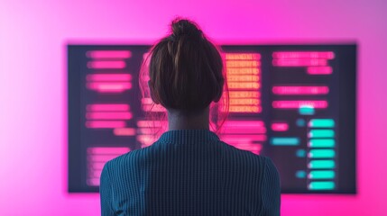 Data analysis insights technology trends office setting digital display modern environment rear view informative concept