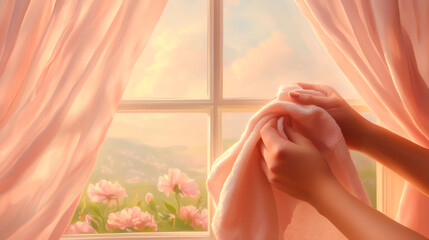 Naklejka premium A serene moment of hands adjusting soft curtains by a sunny window with blooming flowers.