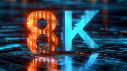 Glowing 8K Text Sign on a Futuristic Blue and Orange Circuit Board Pattern Background