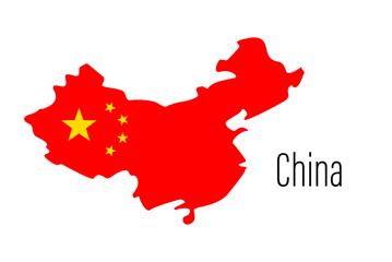 China country contour map with flag. Map silhouette of China. Linear drawing background. Vector minimalist illustration for design. Traveling, education, journey. Asian country