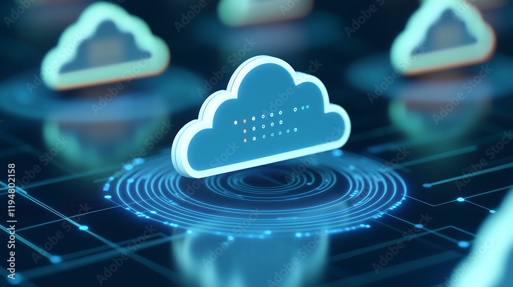 Poster digital cloud computing concept with abstract cloud icons on a futuristic network background