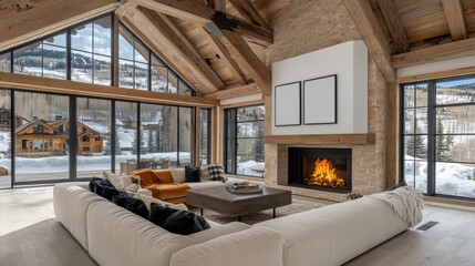 Cozy Modern Living Room with Large Windows and Scenic Mountain View