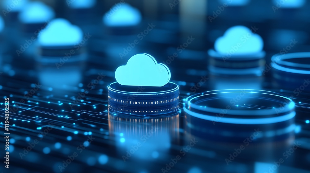 Poster digital cloud computing concept with cloud icons and network connections in futuristic data environm
