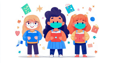 Three Girls Wearing Masks Reading Books Illustration