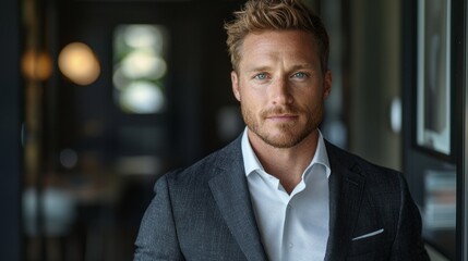 Fototapeta premium A man exudes confidence in a sleek office, dressed in a tailored suit. Natural light highlights his features as he gazes thoughtfully, embodying success and professionalism