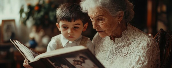 Fototapeta premium A grandmother showing a photo album of her wedding day to her grandchild, 4k photo.