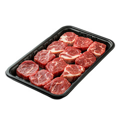 Fresh Cuts of Raw Beef in Plastic Tray Isolated on transparent background