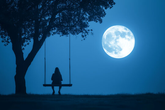 A serene scene of a person on a swing under a full moon in a tranquil night.