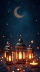 Obraz premium Islamic lanterns ornate crescent moon glowing candle light
