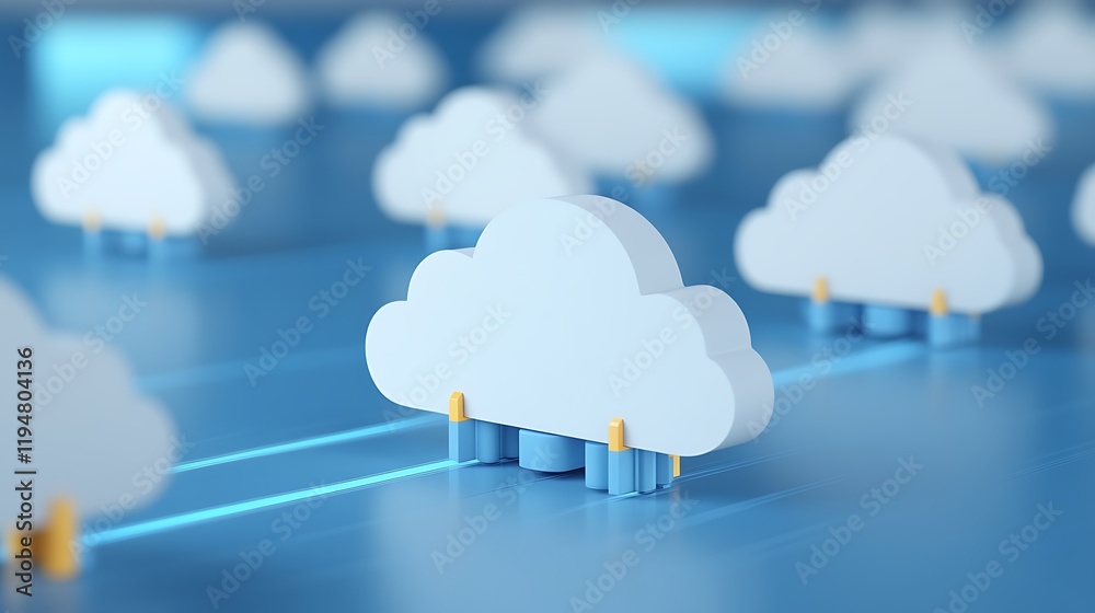 Poster digital cloud computing concept with stylized clouds on a blue background representing network conne