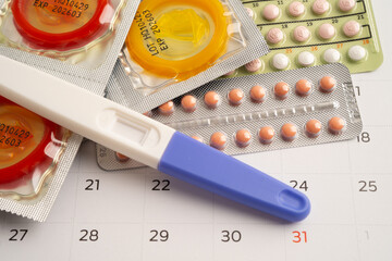 Pregnancy test and birth control pills on calendar, contraception health and medicine.