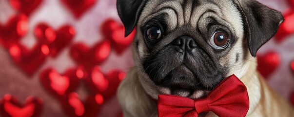 Obraz premium Adorable pug with a red bow surrounded by hearts, cute pet portrait, playful Valentineâ€™s theme.