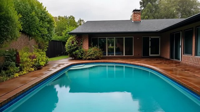 A pool with a blue water and a brick wall