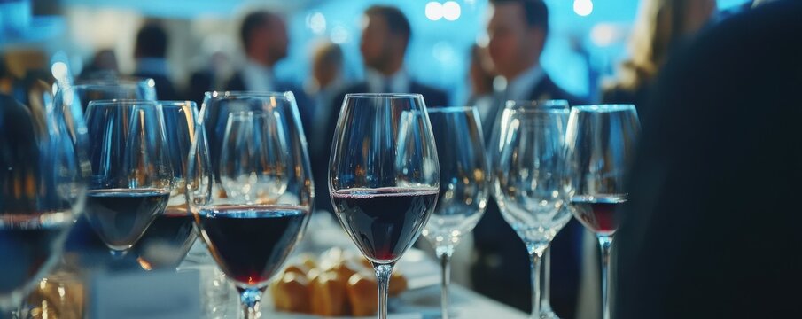A group of executives networking at a high-profile business event, with wine glasses and name tags, 4k photo.