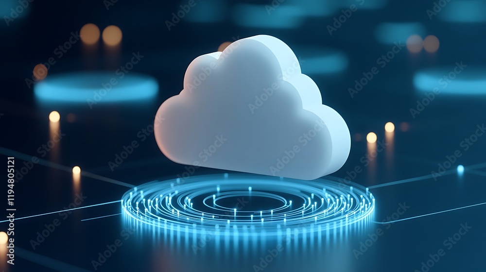 Poster digital cloud concept with glowing circles and data network on technology background
