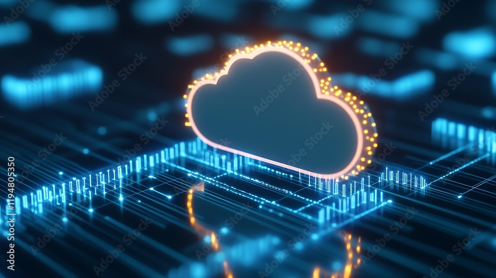 Poster digital cloud concept with glowing lines and technology background representing data storage and con