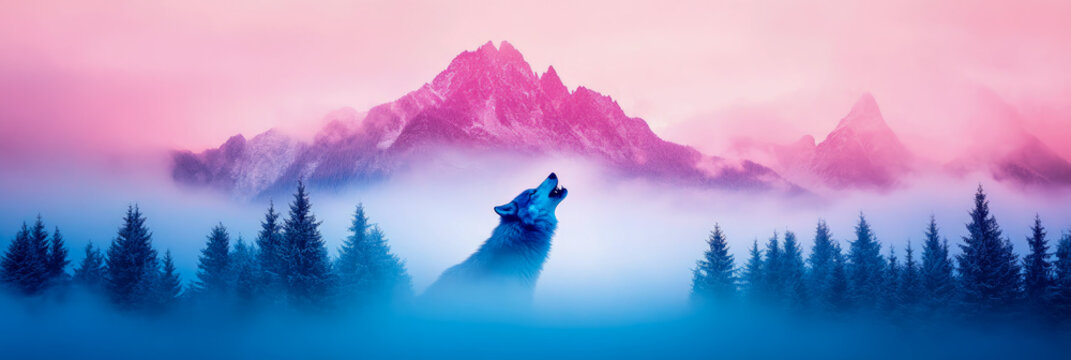Howling Wolf in a Dreamlike Mountain Landscape at Dawn