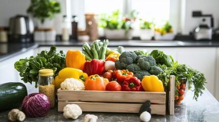 A clean eating grocery haul, in a bright kitchen, showcasing a variety of fresh