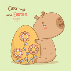 Cute Easter Capybara with big decorative  paschal egg. Happy cartoon kawaii character animal. Vector illustration. Holiday cool card with slogan congratulation. Kids collection.