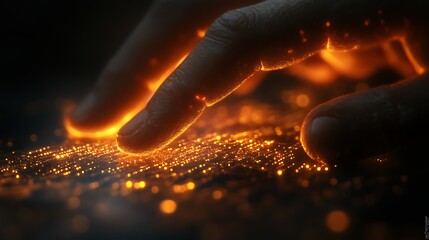 Glowing fingers touching golden particles.