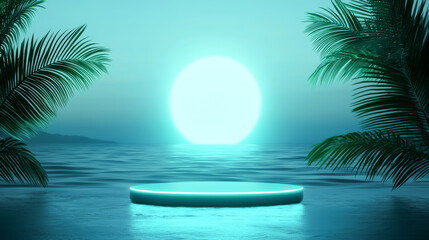 Obraz premium A serene tropical scene featuring a glowing sun over tranquil waters and lush palm leaves.