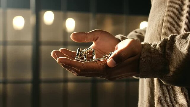 Handcuffs on Prisoner Hands in Dim Jail Cell