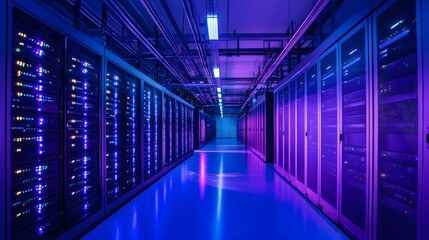 Fototapeta premium Engineers in a data center monitoring electricity storage systems and analyzing energy levels on multiple screens, optimizing energy storage for peak demand times. 