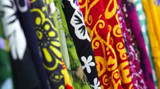 Video of showing forward batik clothes traditional from Java Indonesia in boutique store and close up