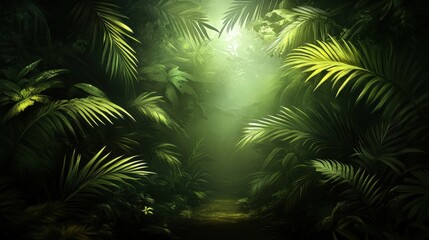 Dense Lush Green Jungle Pathway with Natural Sunlight Beams