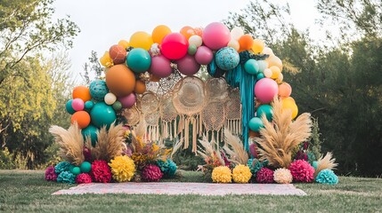 A colorful boho-inspired balloon arch with a mix of jewel tones and flowing fabric details, surrounded by pampas grass and dreamcatchers for a whimsical, carefree vibe. 