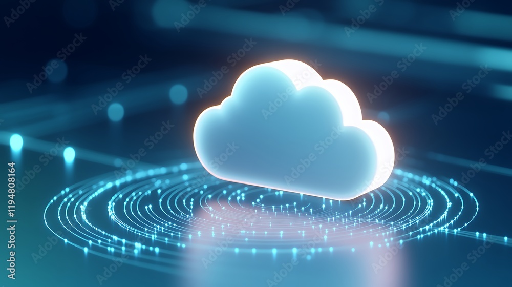 Poster digital cloud icon surrounded by data circles and glowing particles for technology and networking co