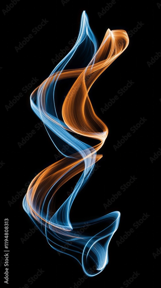 Poster flowing lines in electric blue intertwine with warm orange in a captivating display, evoking motion 