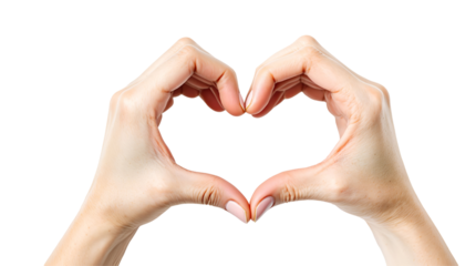 Two human hands forming a perfect heart shape against a white background