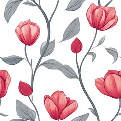 Elegant Seamless Floral Pattern Featuring Tulips on a White Background Ideal for Textile and Wallpaper Design Applications