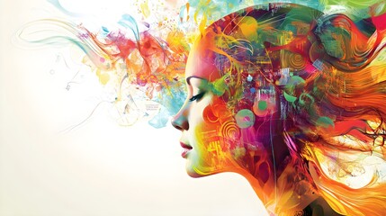 Fototapeta premium A conceptual image of a human head filled with colorful, swirling visuals and icons related to business and technology, portraying the flow of creative ideas and strategic thinking in a modern 