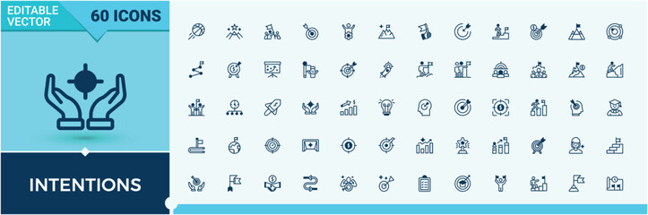 Intentions icons set in linear style. Contains such icons as mark, achievement, target, reward, success, win, man and more. Web icons. Editable vector icon and illustration.