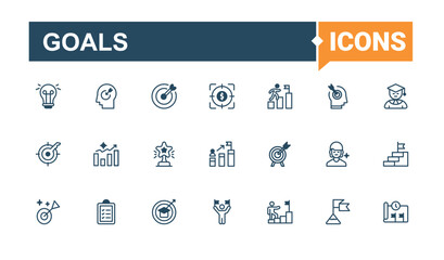 Goals icon set. Containing reward, mark, achievement, money, achieve, target, success and more. Minimal linear icons. Solid line editable stroke.