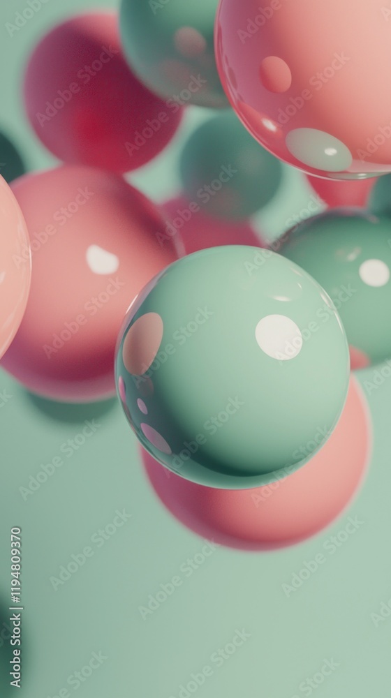 Poster spheres in vibrant sage green and soft pink hover gracefully, reflecting light for an enchanting vis
