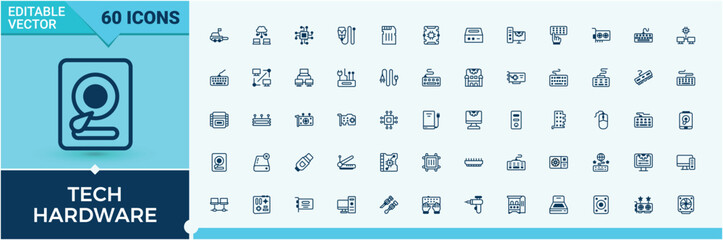 Tech Hardware icon set. Related to display, security, internet, cd, chip, cpu, gadget, smartphone. Set of line pictogram. Outline and solid pictogram.
