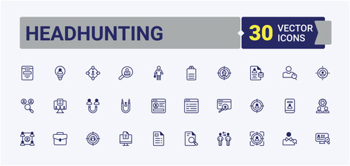 Fototapeta premium Headhunting icons set. Includes icons for communication, target, leadership, employment, growth, meeting, skill and more. Minimal icons. Solid line editable vector illustration.