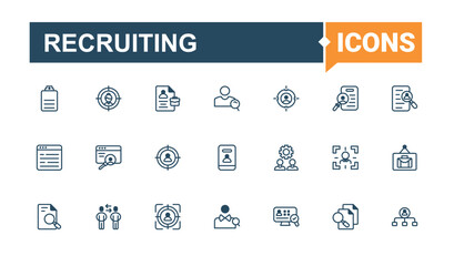 Recruiting icon pack. Containing on, job, human, business, Headhunting, skill, training and more. Flat UI icon design. Vector outline and solid icons collection.