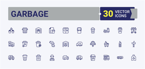 Garbage icon set. Contains related to trash, waste, junk, container, litter, basket, medical, conservation. Minimal icons. Vector outline and solid icons collection.