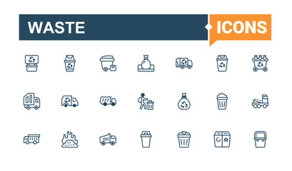 Trash linear icon collection. It contains symbols to rubbish, container, Garbage, conservation, reuse, eco and more. Minimal icons. Editable vector icon and illustration.