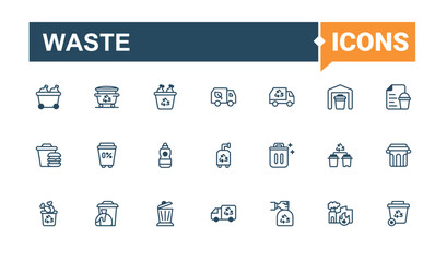 Trash linear icon collection. It contains symbols to rubbish, container, Garbage, conservation, reuse, eco and more. Minimal icons. Editable vector icon and illustration.