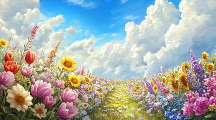 Naklejka premium Vibrant Flower Path Leading To Sunny Skies