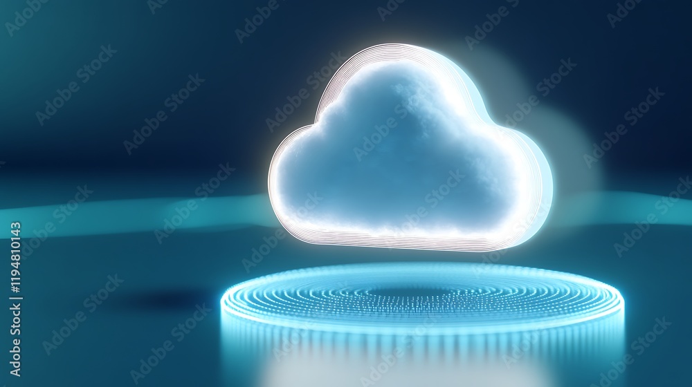 Aufkleber Digital cloud icon with luminous glow on circular neon platform in futuristic setting for technology and data themes