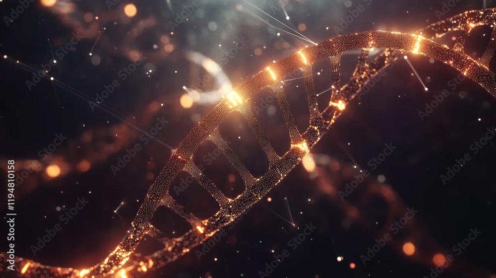 Poster glowing dna helix with molecular connections radiating light in a dark environment. generative ai