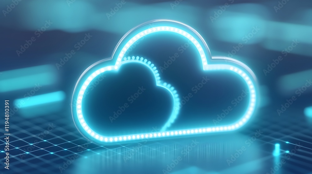 Poster digital cloud icon with neon glow on a futuristic background of data and technology elements