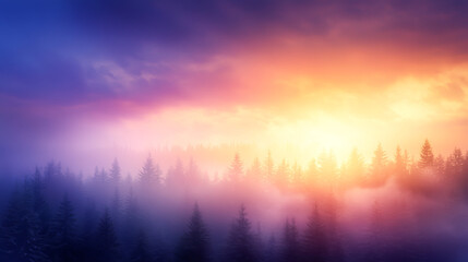 A stunning sunset view over a serene forest landscape, painted in vibrant hues.